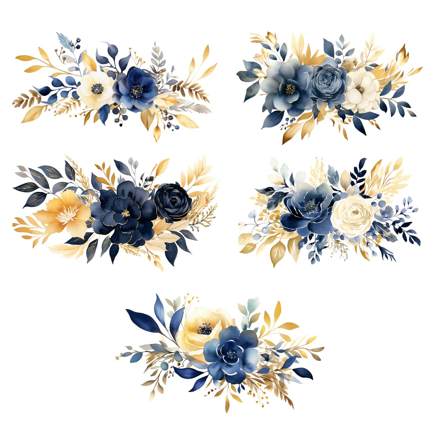 Clipart floral azul marino y dorado