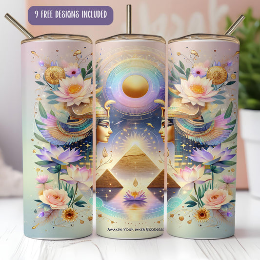 a set of three metal cans with a picture of a pyramid and flowers on them