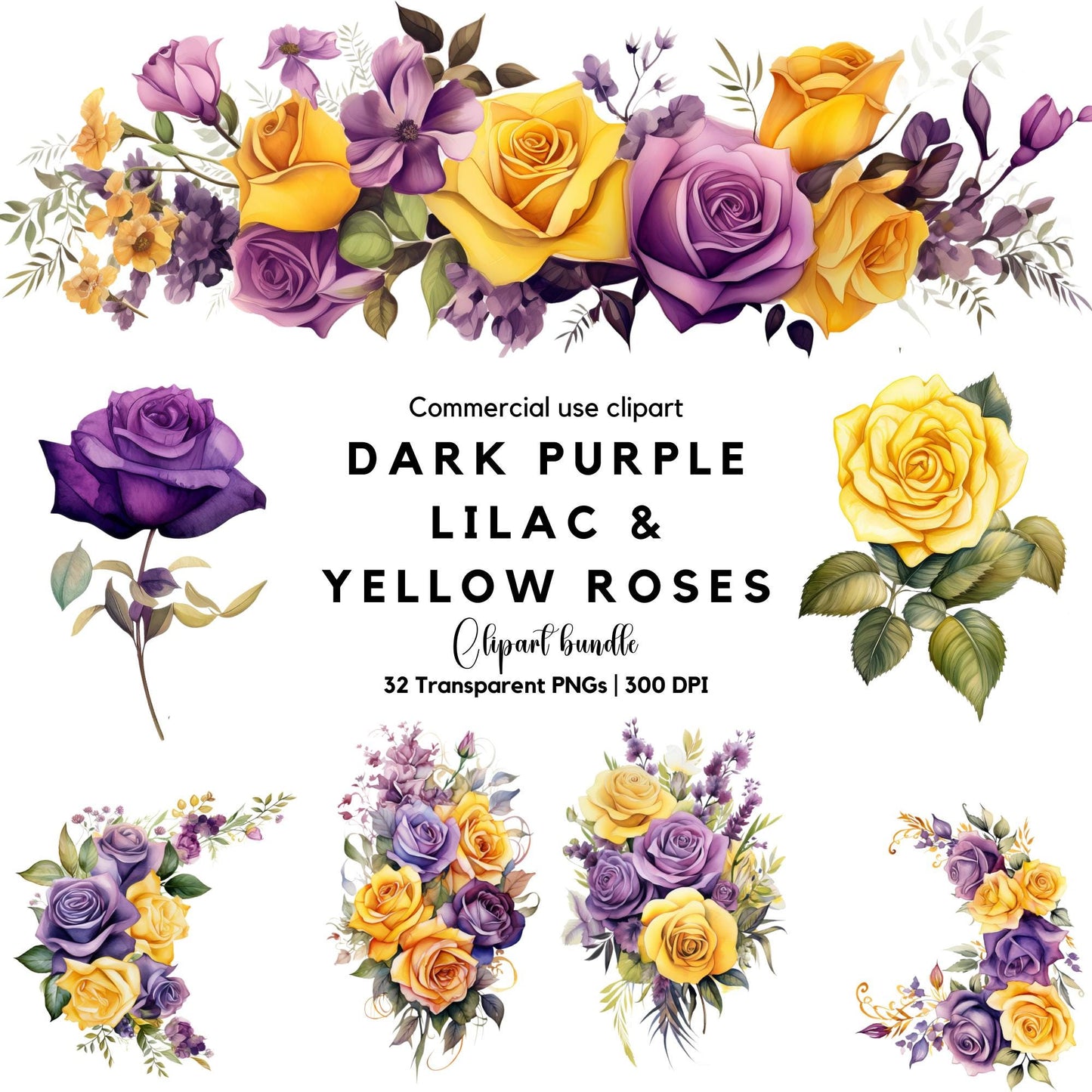 Clipart de rosas de color morado oscuro, lila y amarillo