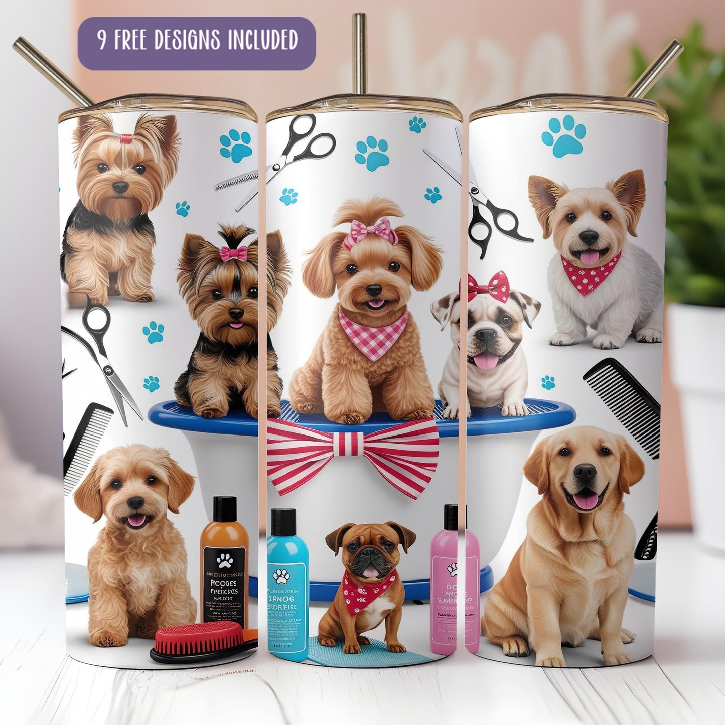 a group of dogs sitting on top of a table