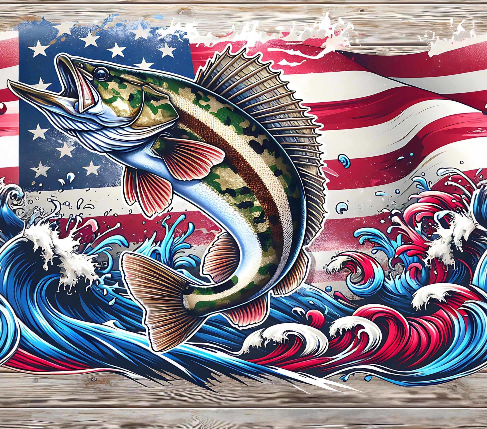 a fish jumping out of the water in front of an american flag