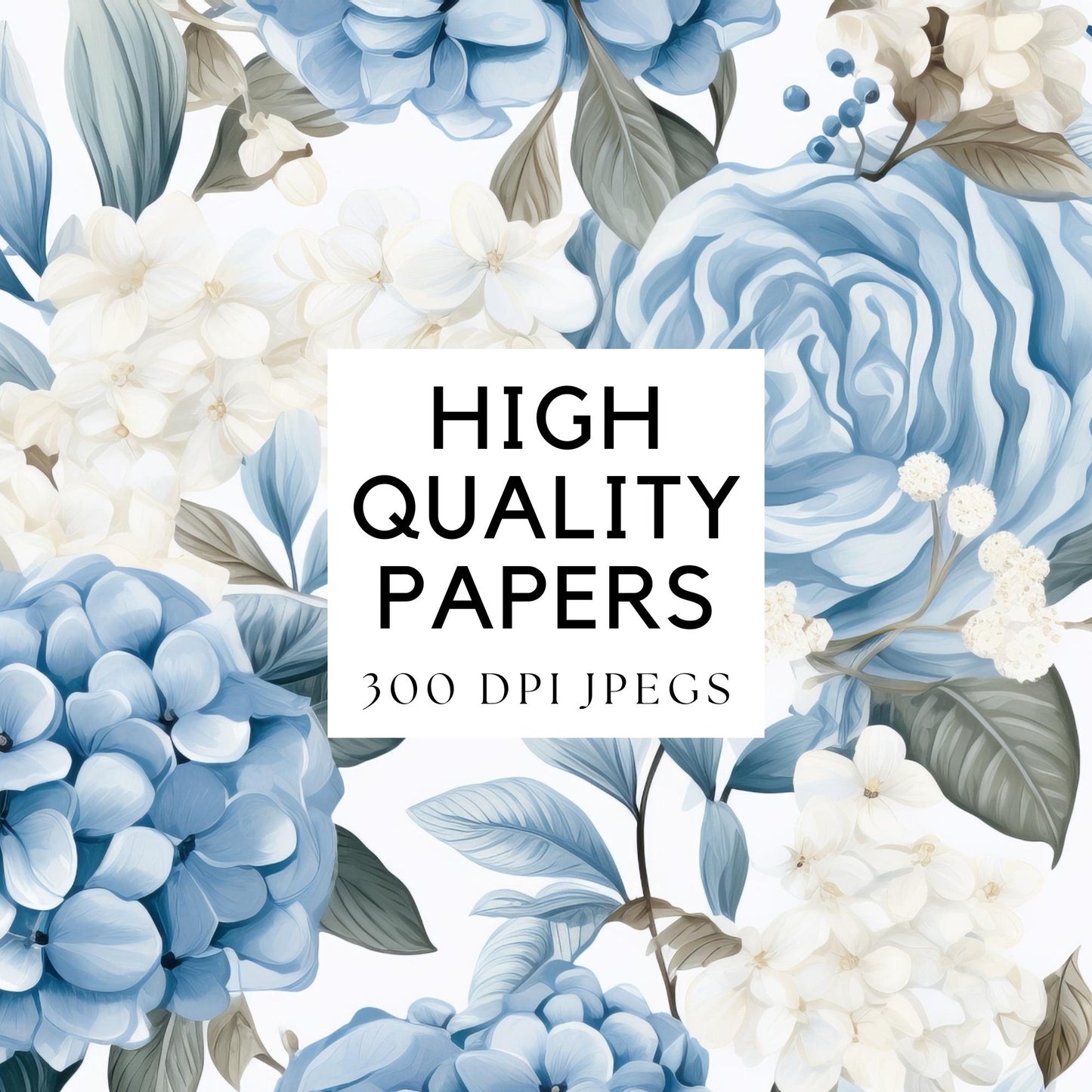 Papeles digitales florales de acuarela con hortensias y rosas en azul polvoriento