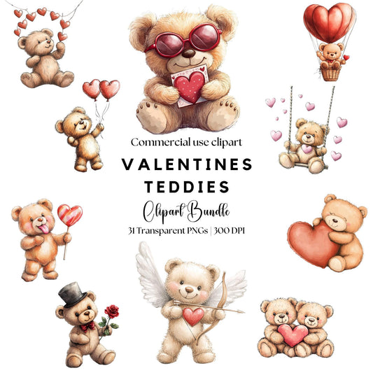 Watercolor Valentines Teddy Bear Clipart