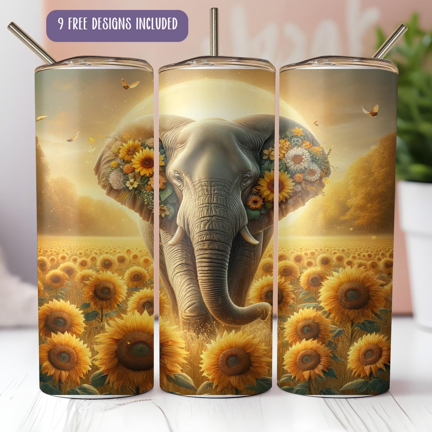 a picture of an elephant with sunflowers on it