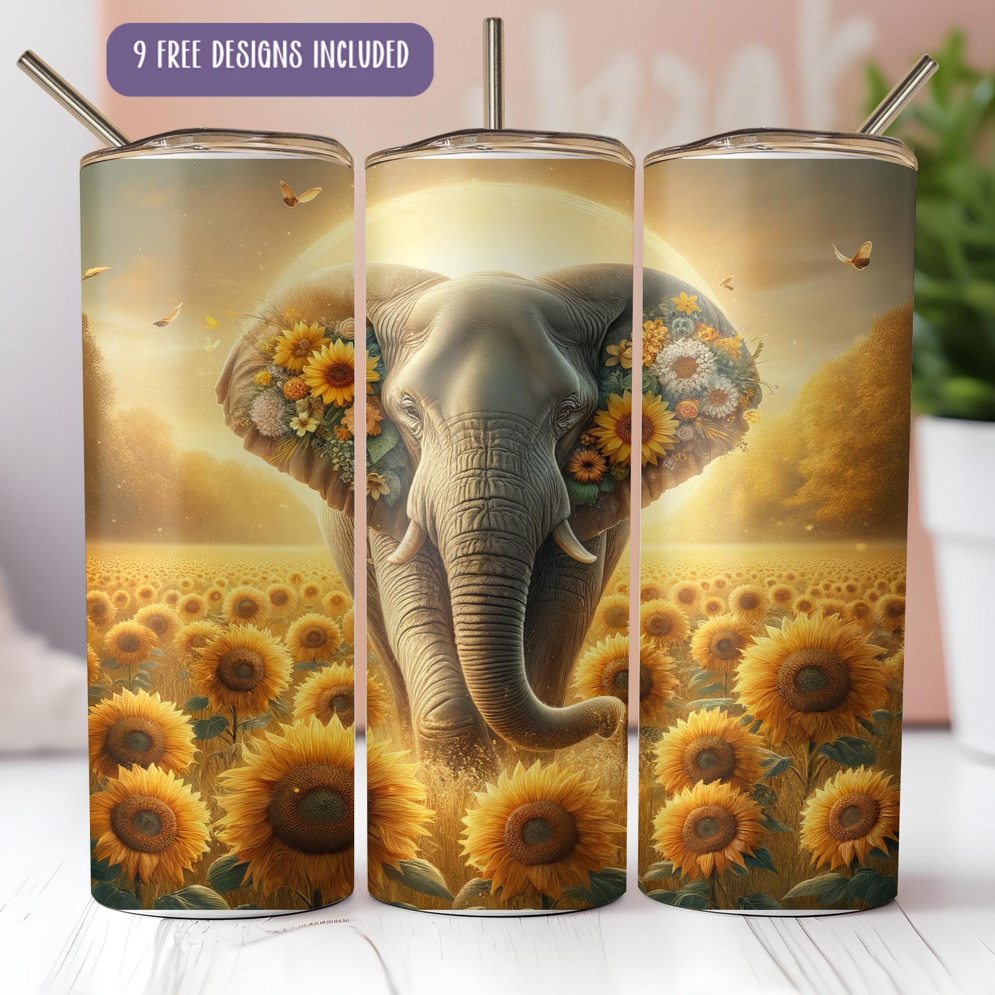 a picture of an elephant with sunflowers on it