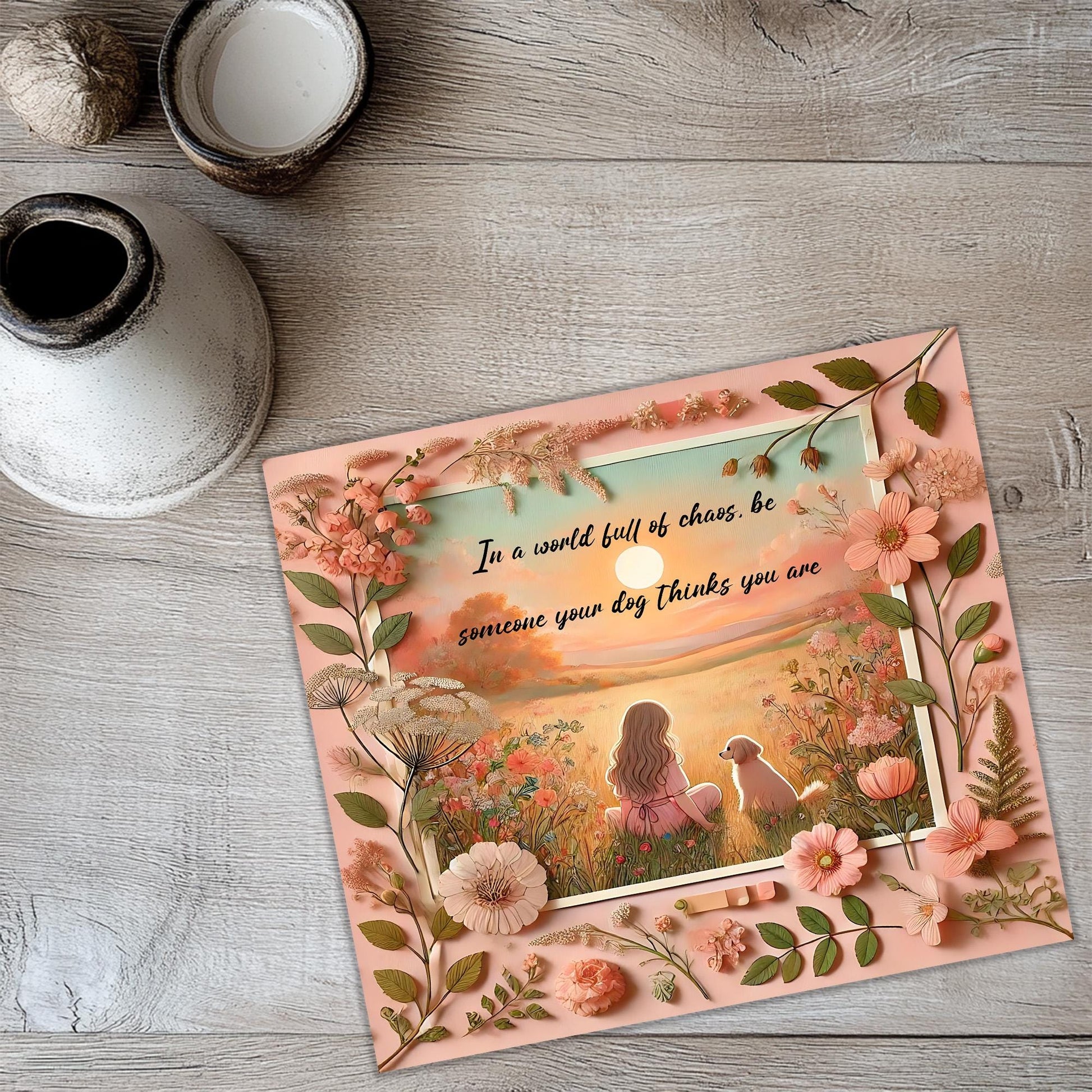 a card with a picture of a girl sitting on a bench