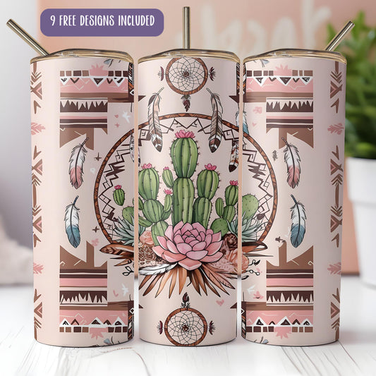 a set of three pink and green cactus mugs on a table