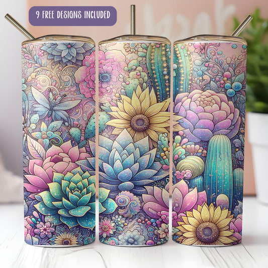 a set of three tumbles decorated with flowers and cacti