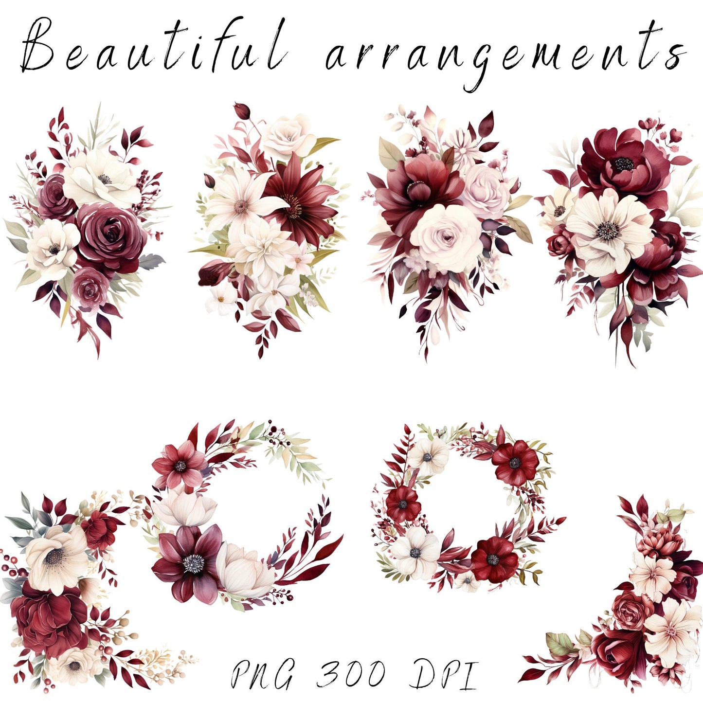 Clipart floral burdeos y blanco