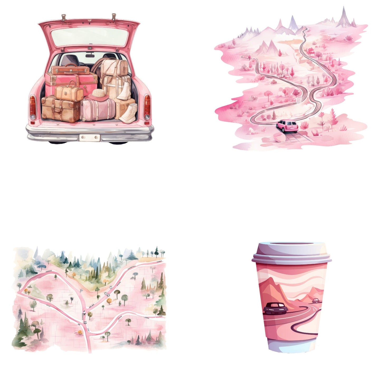 Watercolor Pink Road trip girl clipart