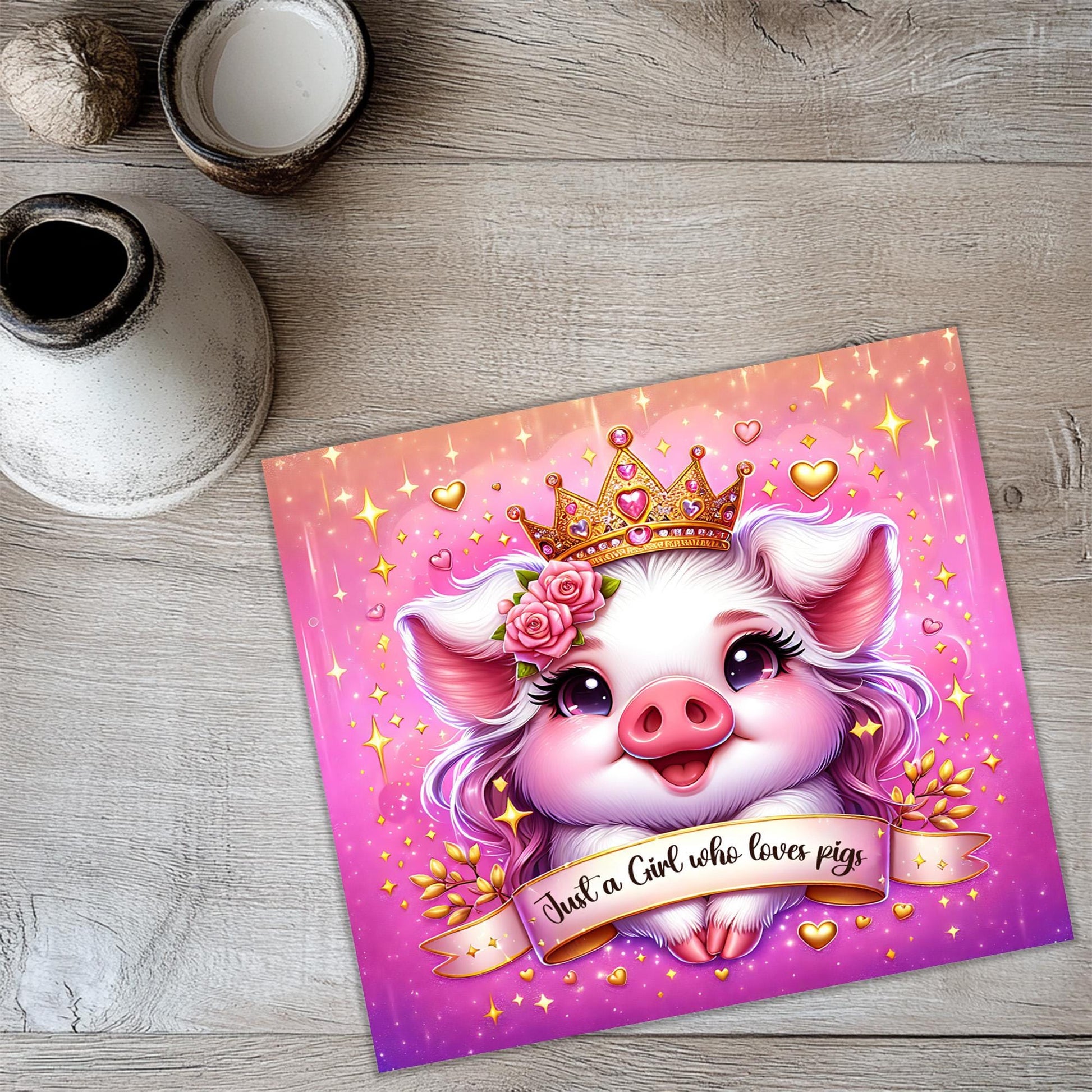 a card with a picture of a pig wearing a crown