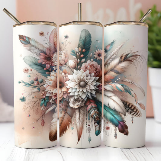 three decorative canisters with flowers and feathers painted on them