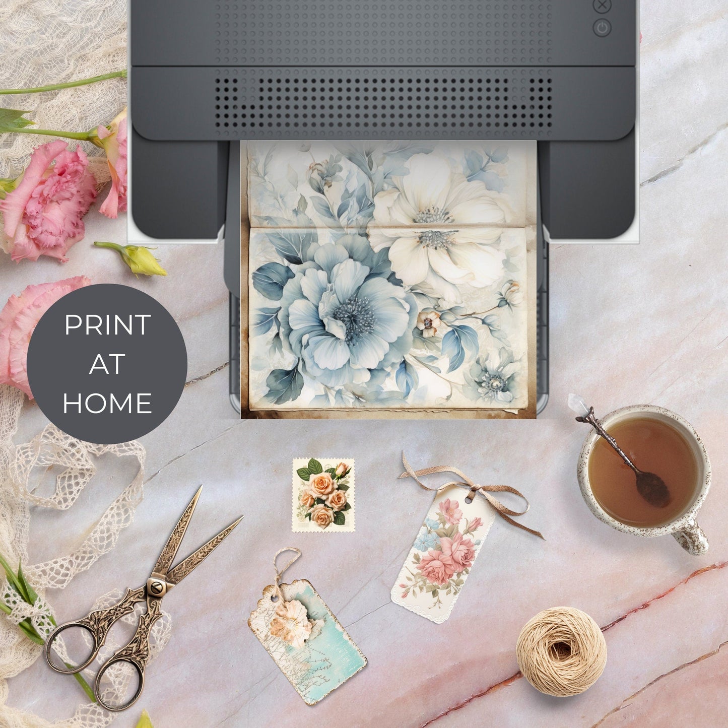 Dusty Blue Floral Junk Journal Pages