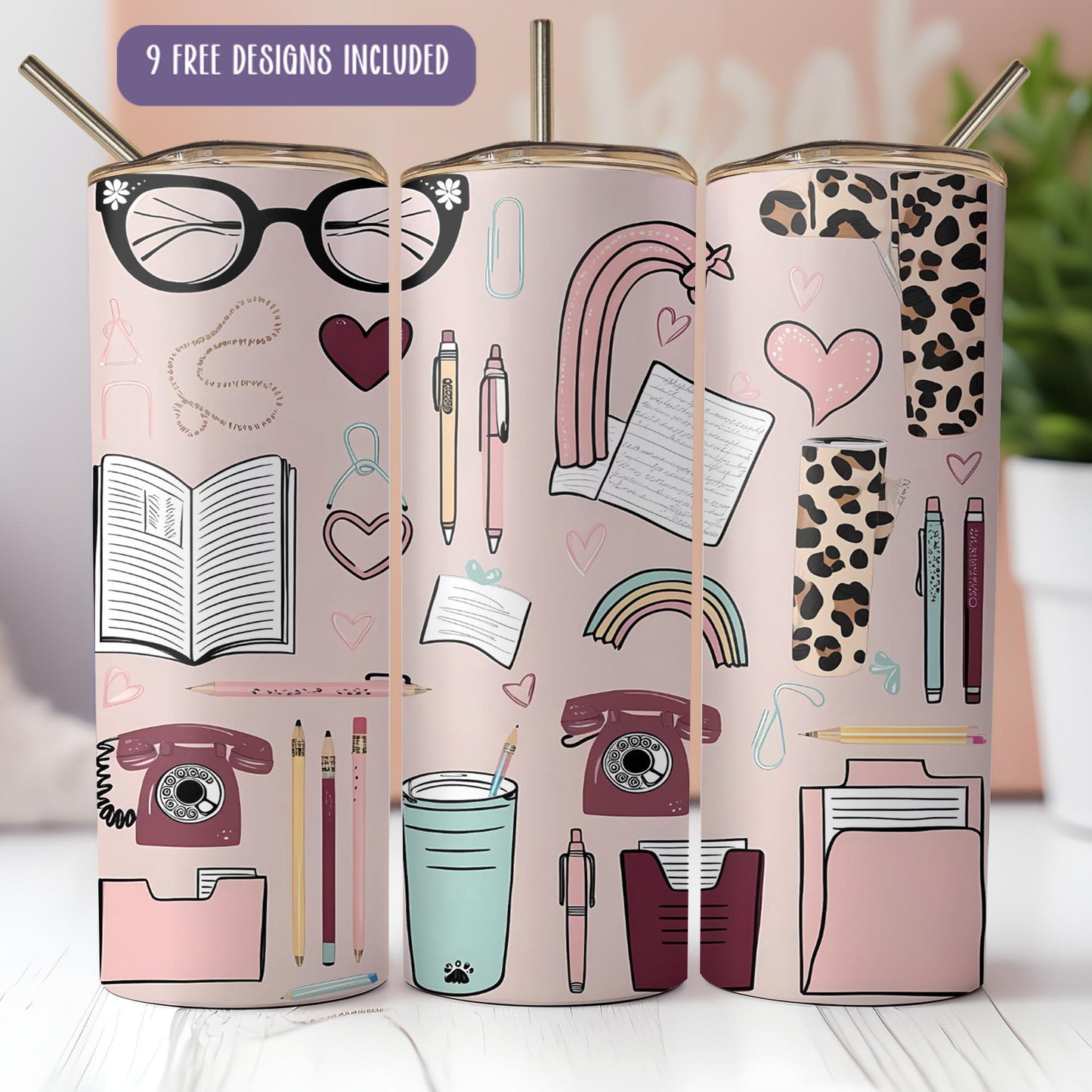 a pair of pink travel mugs sitting on top of a table