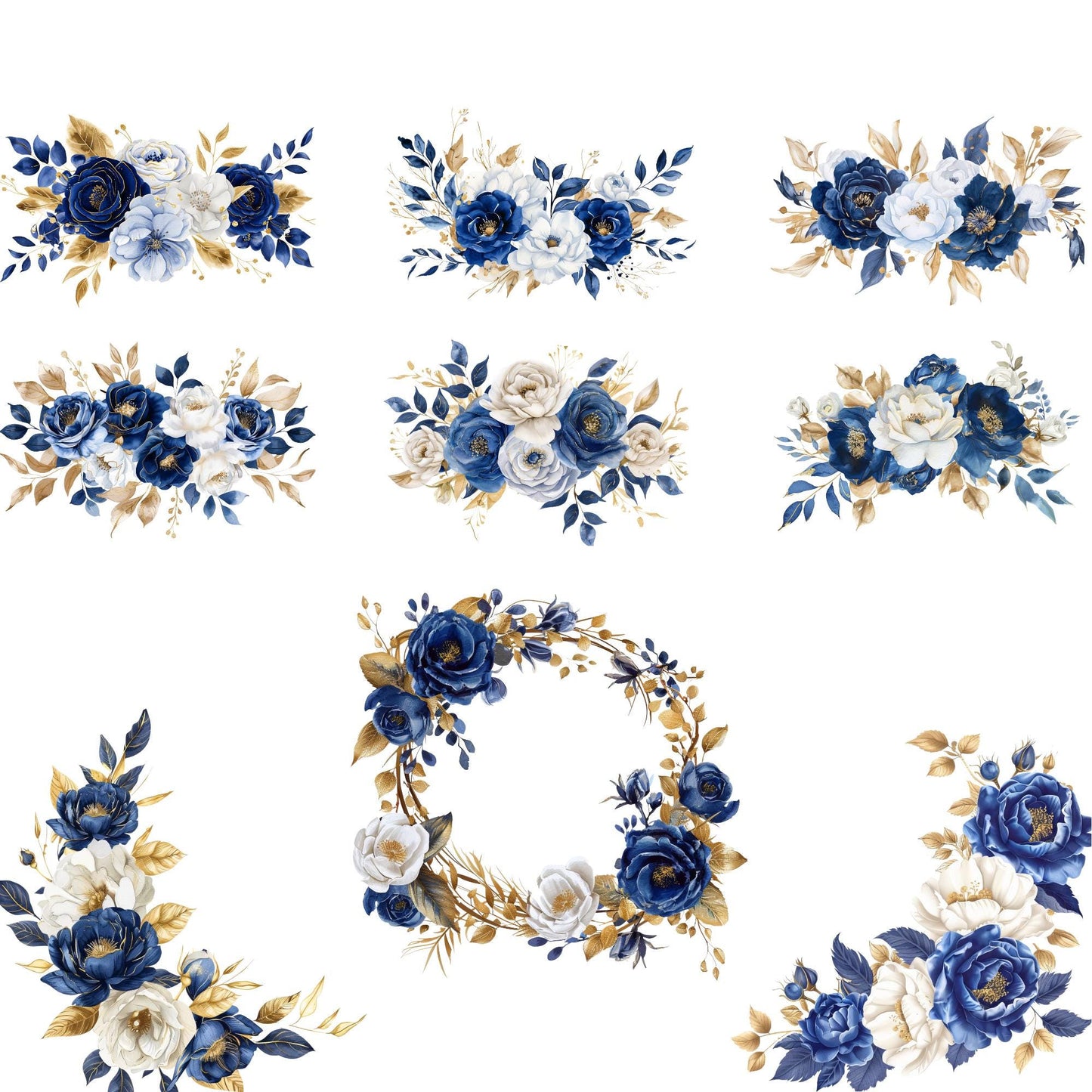 Clipart floral azul real en acuarela