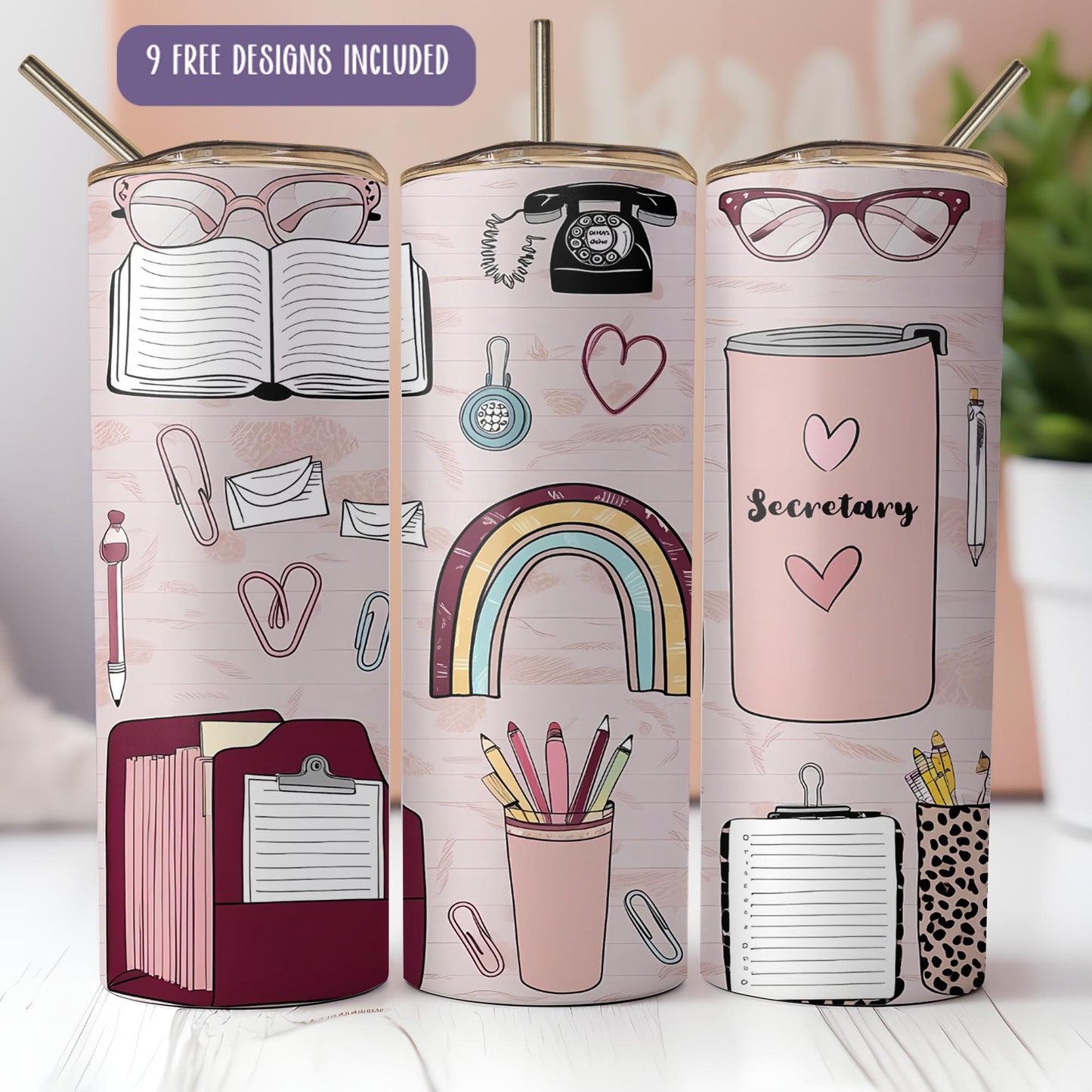 a set of three paper cups with different things on them
