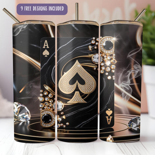 a set of three black and gold playing cards