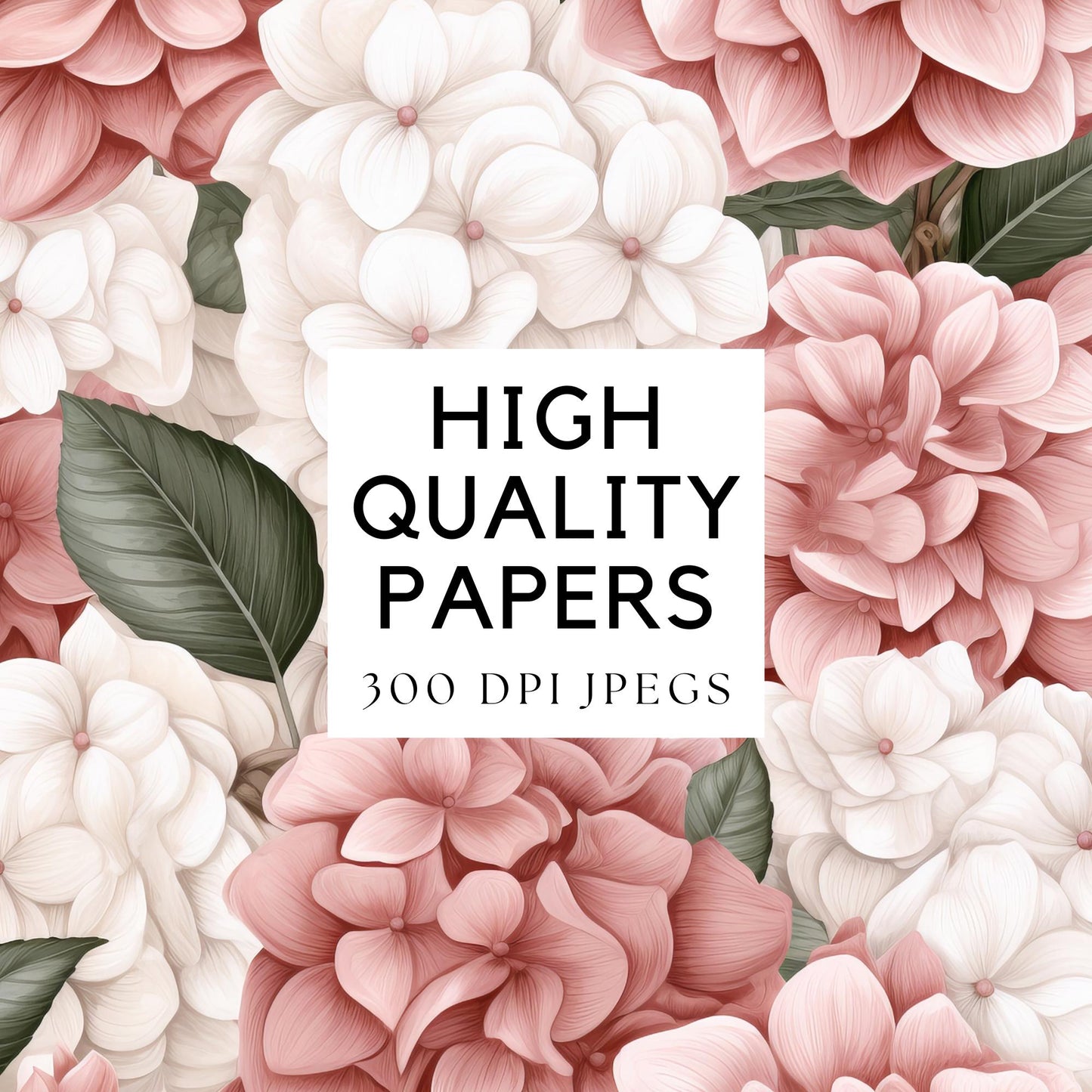 Papeles digitales florales de acuarela con hortensias y rosas en color rosa polvoriento