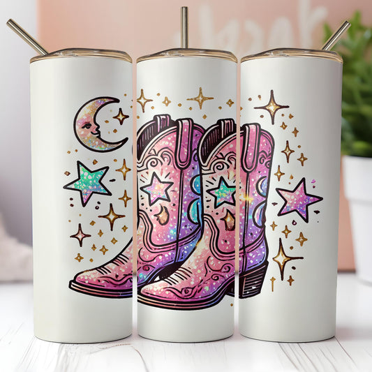 three white tumbles with colorful cowboy boots on them