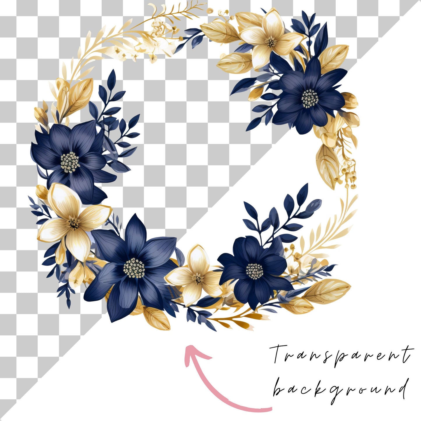 Clipart floral azul marino y dorado