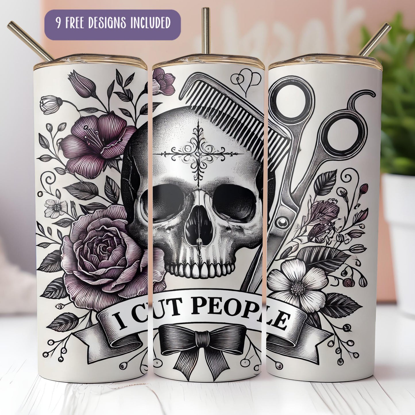 a pair of scissors and a skull on a white table