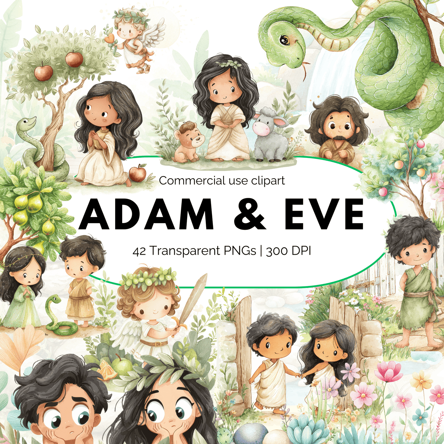 Adam & Eve Kids Clipart Bundle (42 PNGs, Commercial Use, Bible Story Clipart for Printables & Worksheets)