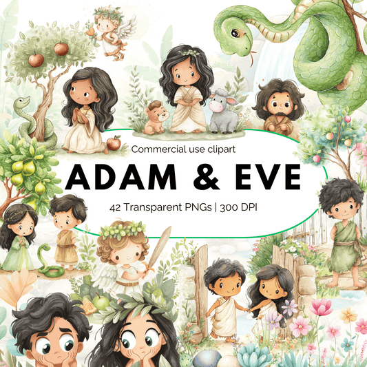 Adam & Eve Kids Clipart Bundle (42 PNGs, Commercial Use, Bible Story Clipart for Printables & Worksheets)
