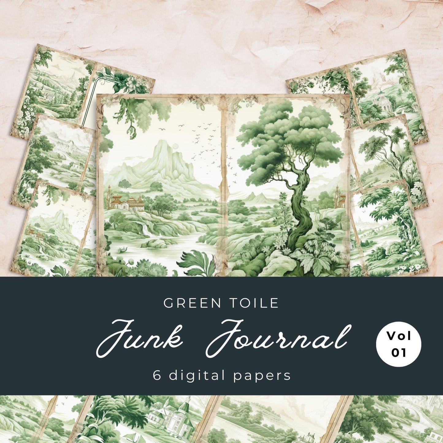 Páginas de diario basura en toile verde | 6 páginas de diario digital en verde francés | Diario basura francés | Papel digital | Tamaño de papel EE. UU. | JJ034