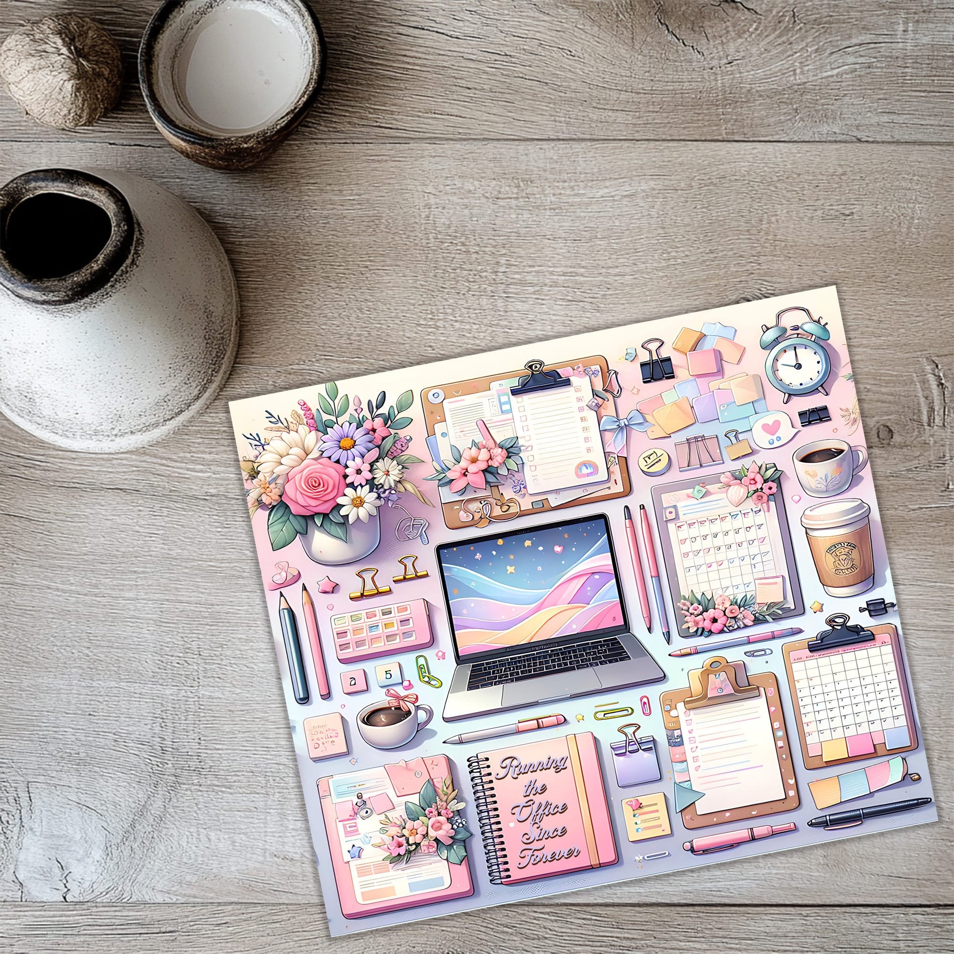 A colorful and whimsical illustration of various office supplies and items, including a laptop, flowers, a calendar, a mug, and other decorative elements, arranged on a wooden surface.