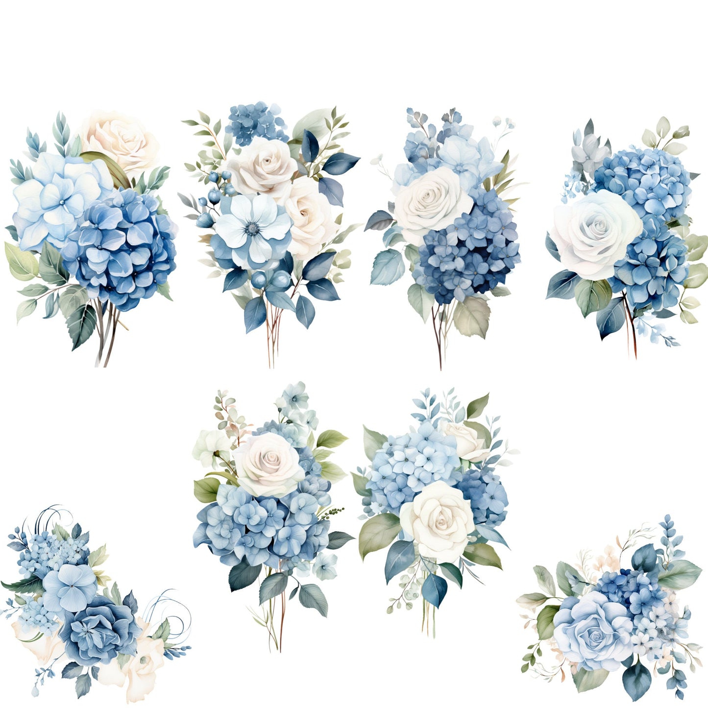 Watercolor Dusty Blue Hydrangea and Rose Floral Clipart