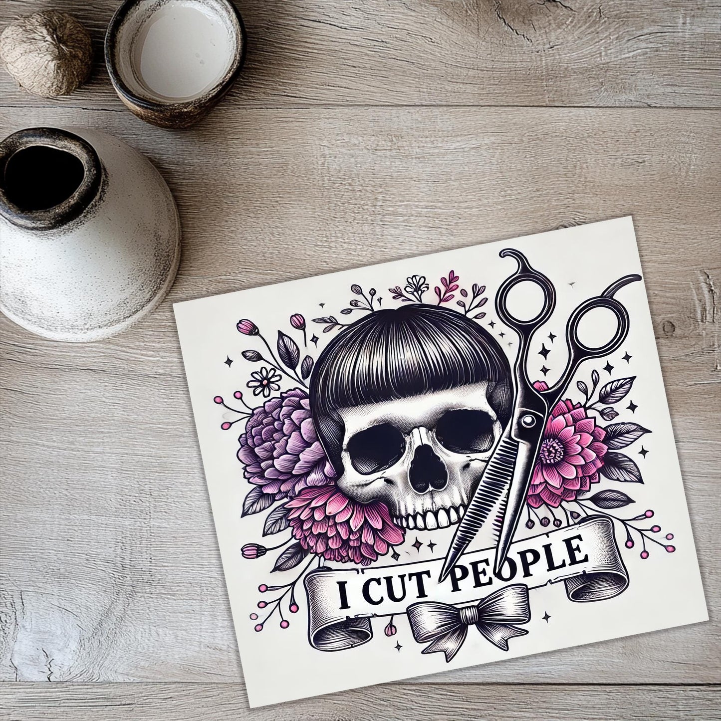 a picture of a skull with scissors and flowers