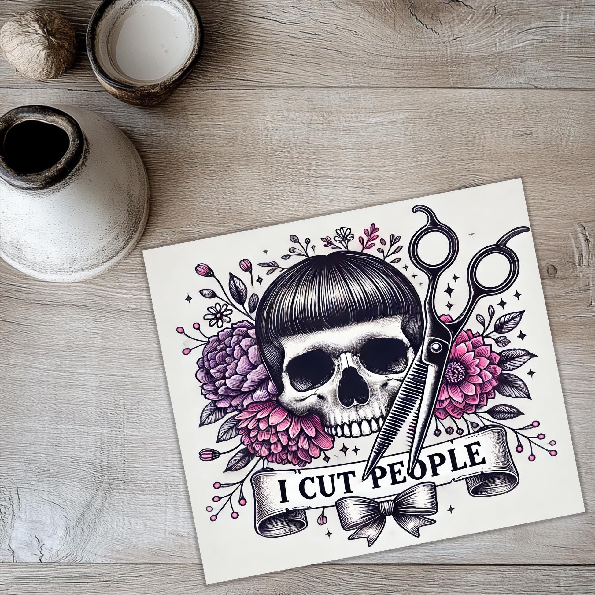 a picture of a skull with scissors and flowers