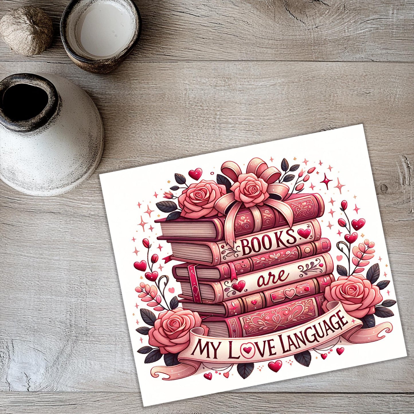 a card with a stack of books on top of it