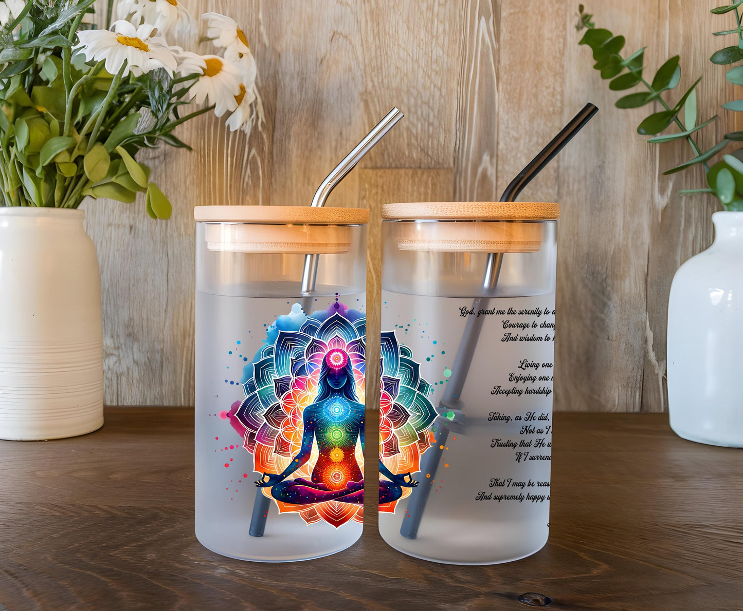 a couple of cups sitting on top of a wooden table