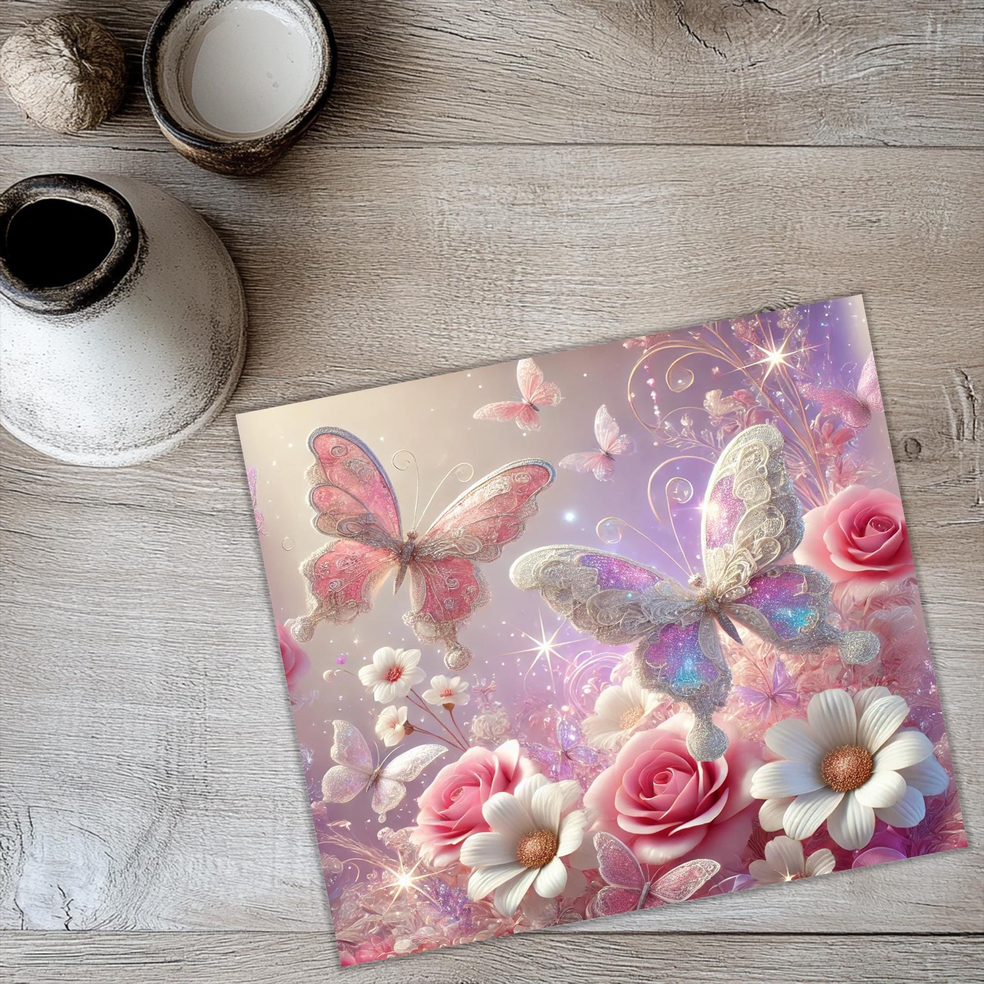 a picture of a butterfly and flowers on a table