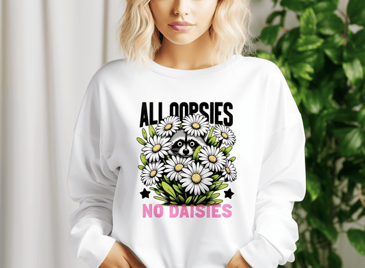 a woman wearing a white sweatshirt with flowers on it
