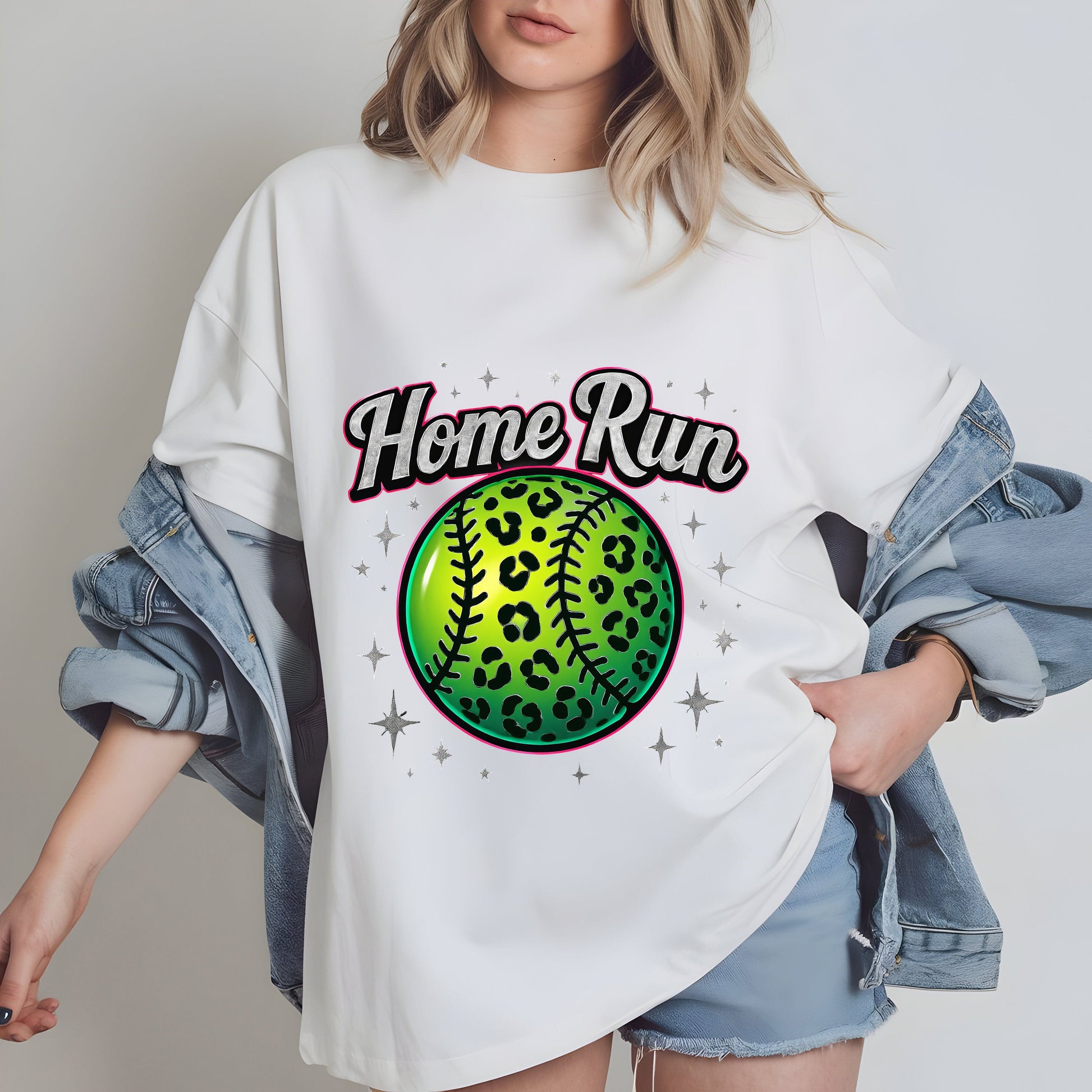 a woman wearing a t - shirt that says home run