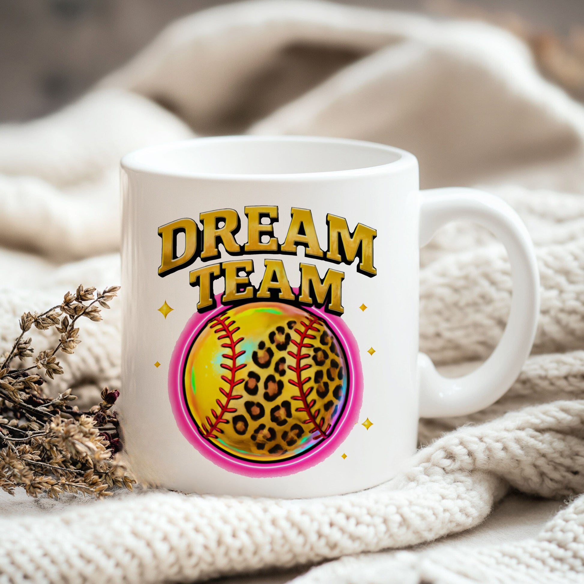 a white coffee mug with a picture of a leopard print on it