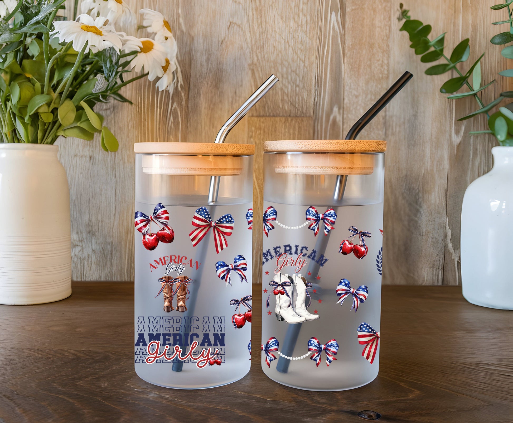 a couple of glass jars sitting on top of a wooden table