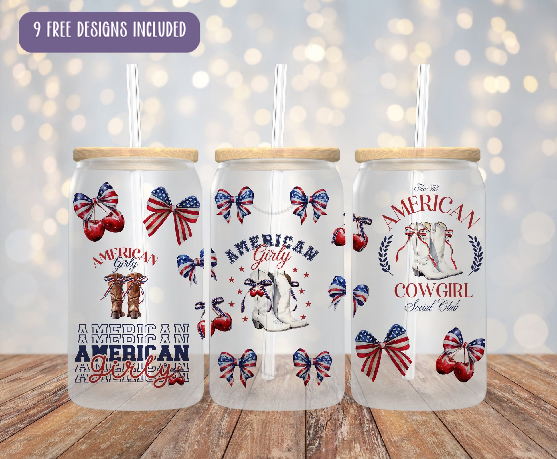 three american patriotic mason jars with straw tops