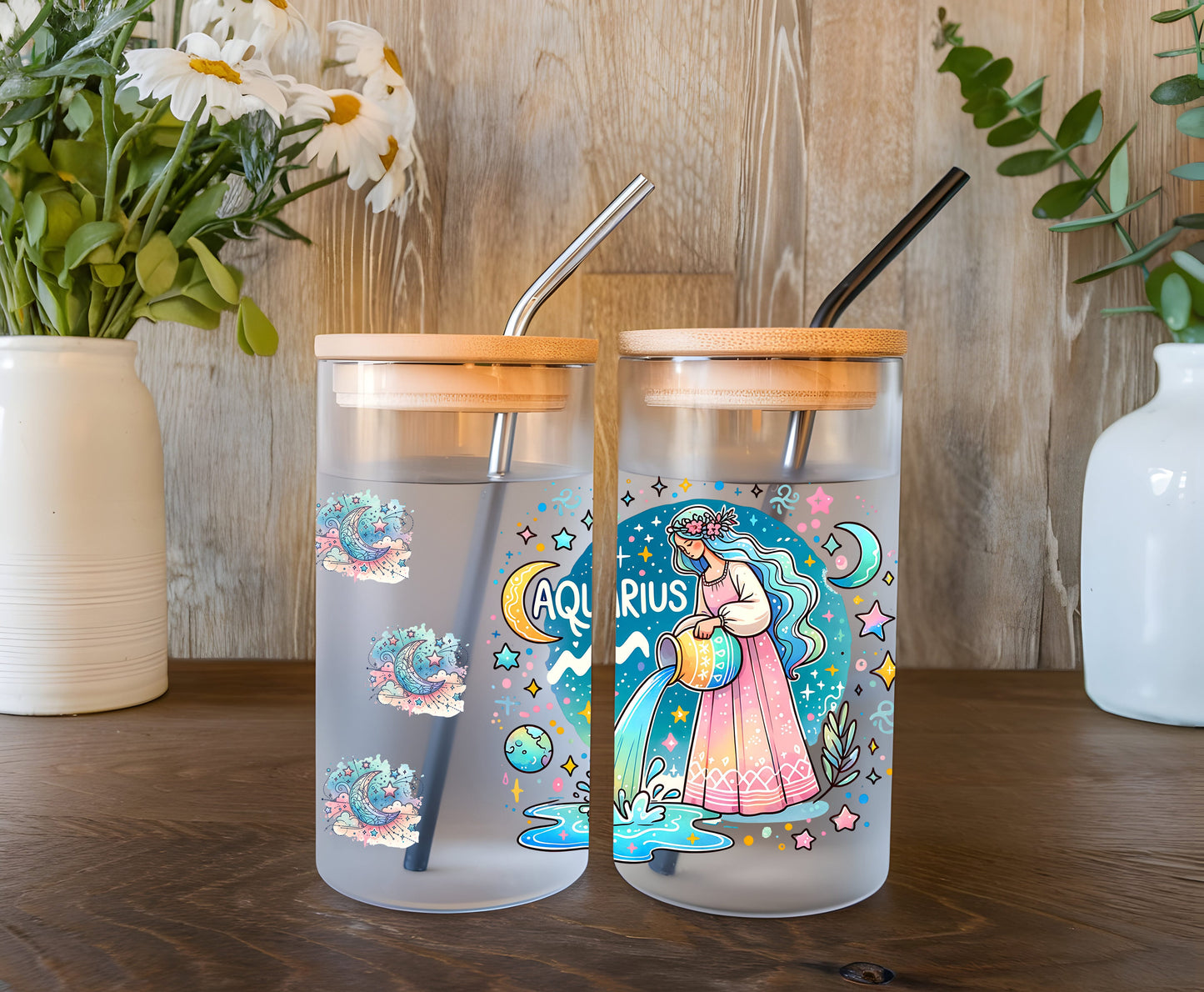 a couple of cups sitting on top of a wooden table