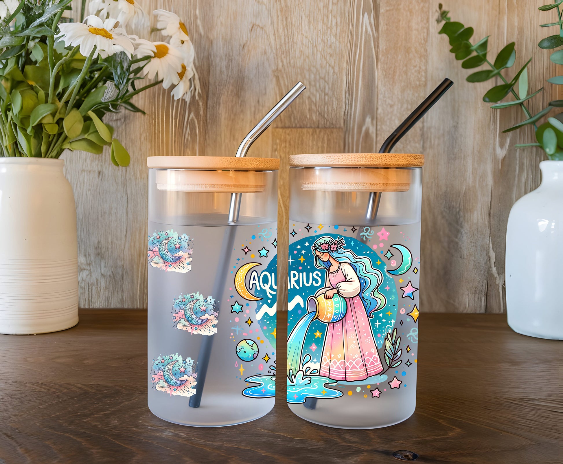 a couple of cups sitting on top of a wooden table