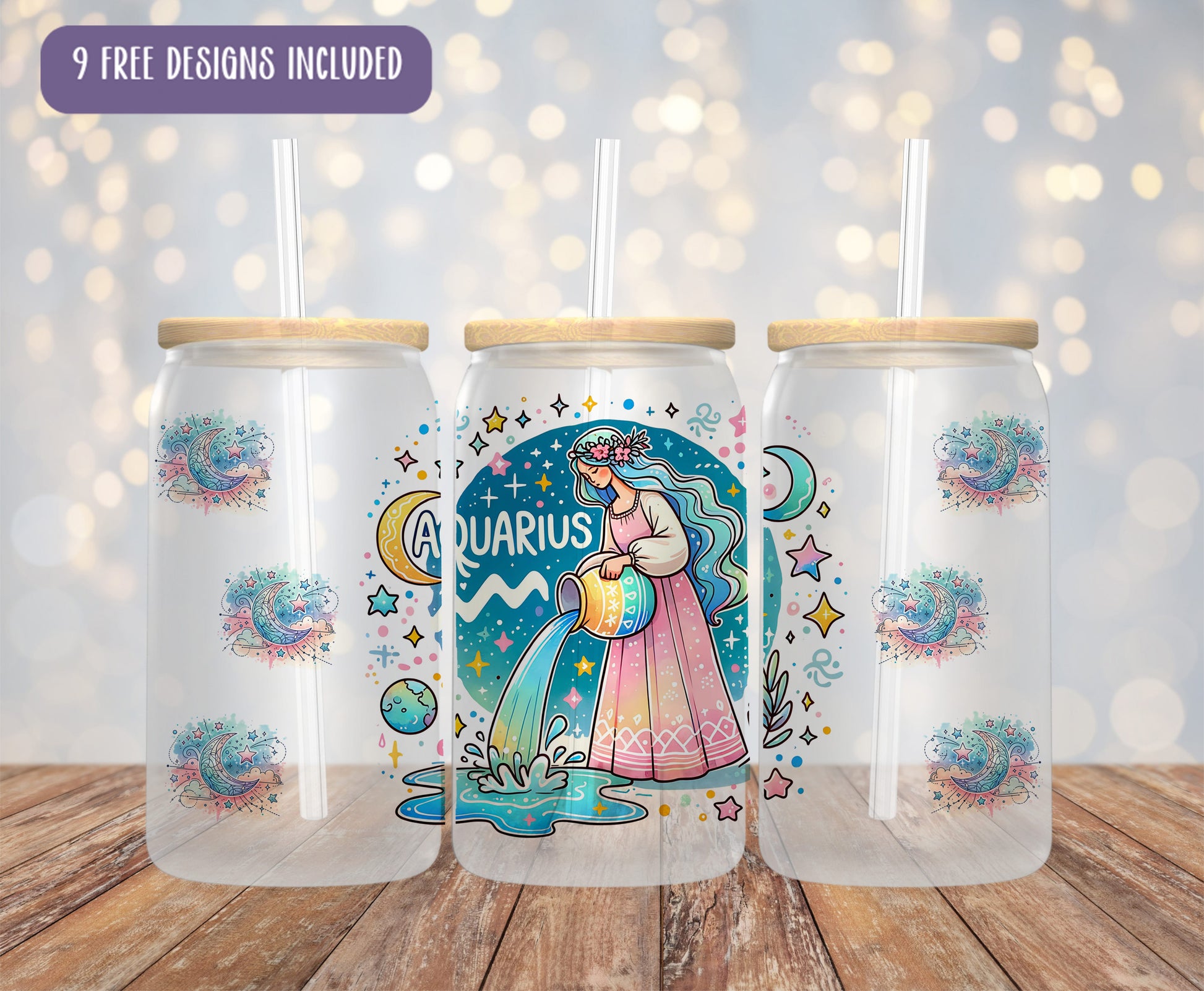three plastic cups with designs on them sitting on a table