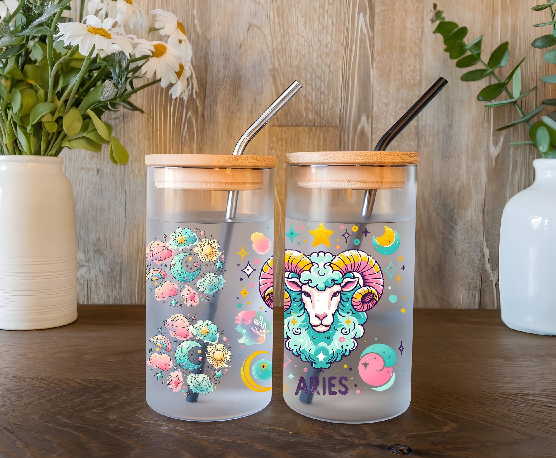 a couple of cups sitting on top of a wooden table
