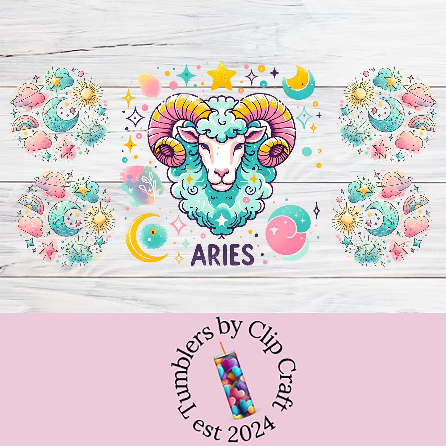 the aries zodiac sign on a white wooden background