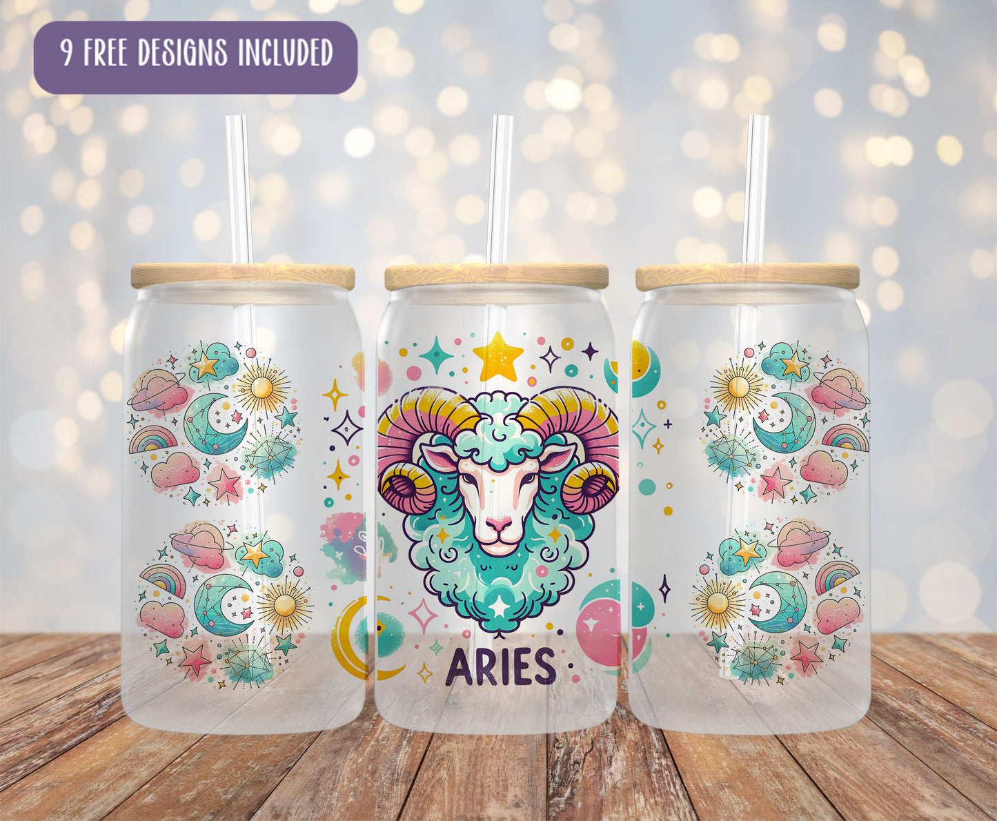 three glass jars with designs on them sitting on a table