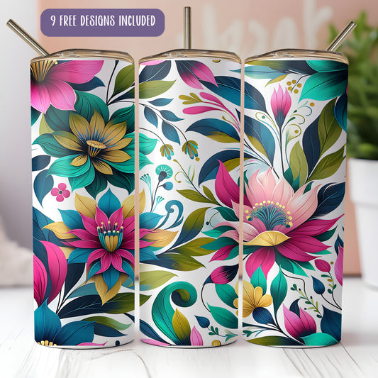 a set of three colorful floral design canisters
