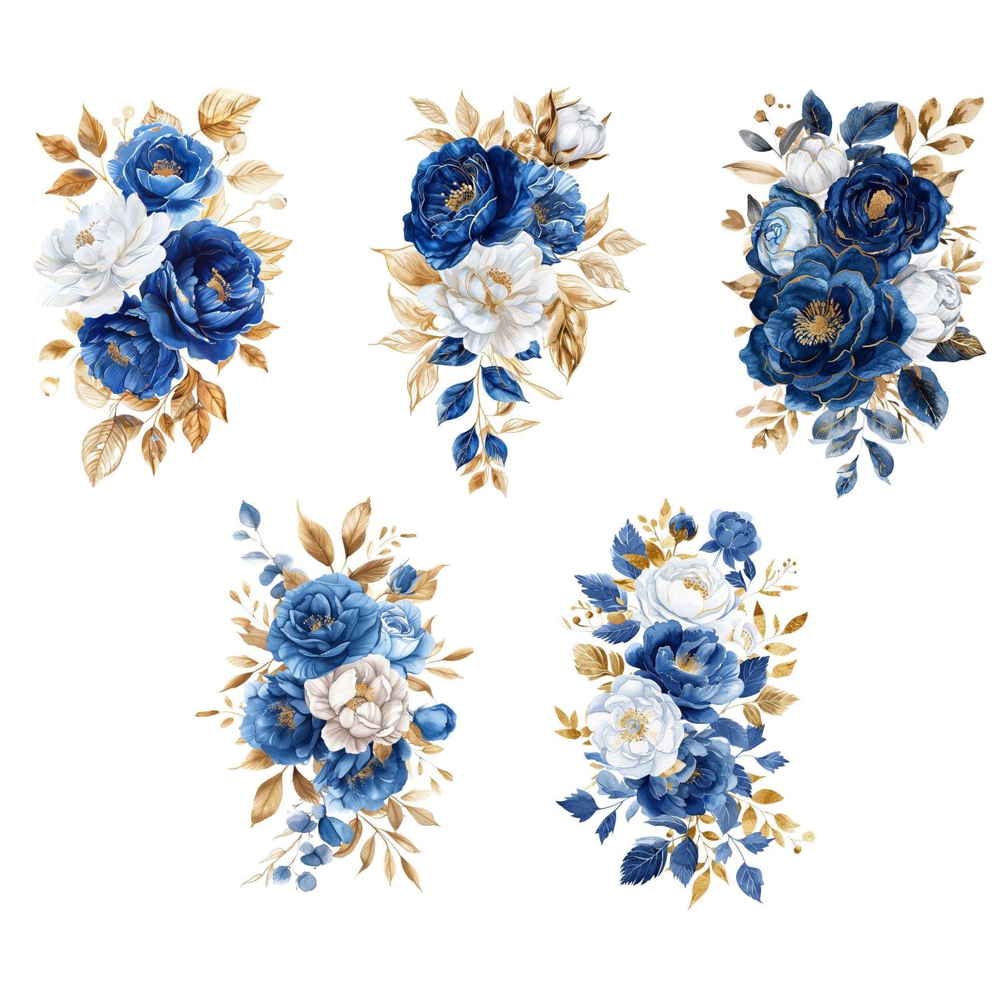 Clipart floral azul real en acuarela