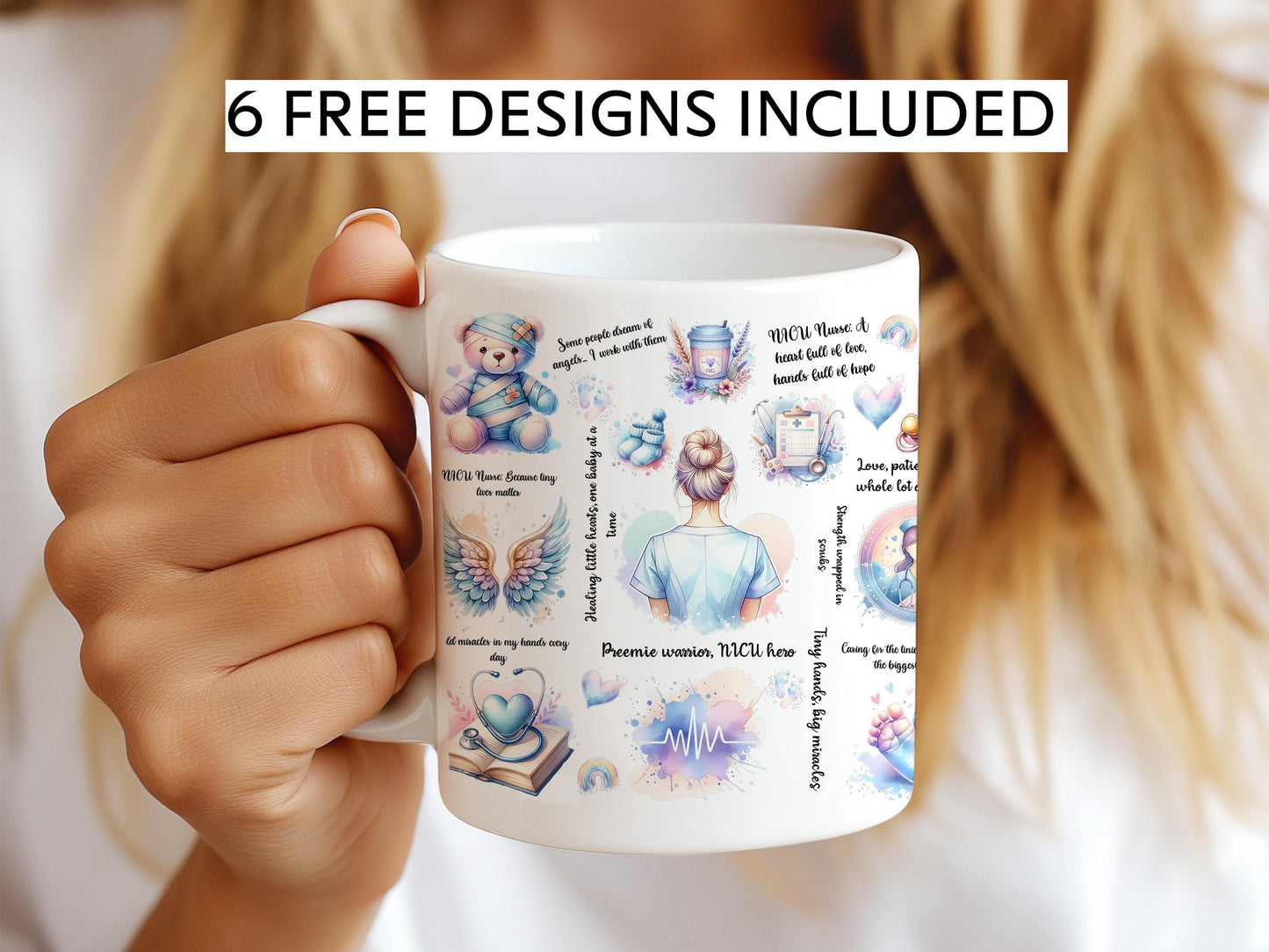 a woman is holding a coffee mug with pictures of animals on it