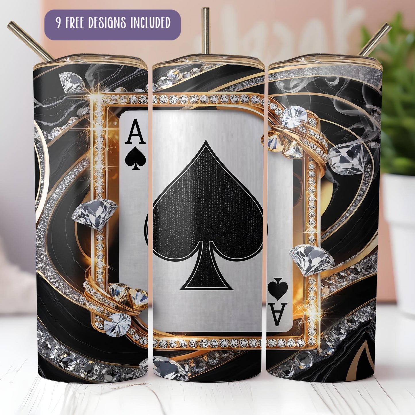 a set of four playing cards with diamonds on them